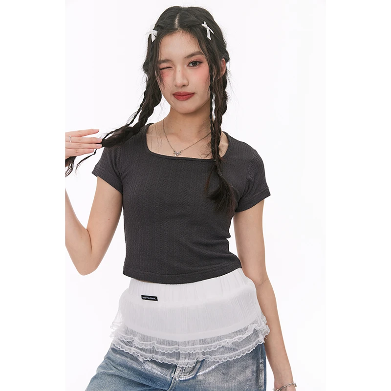 【芋总专属】knowwake韩系方领短袖T恤修身打底衫短款 KW42J04