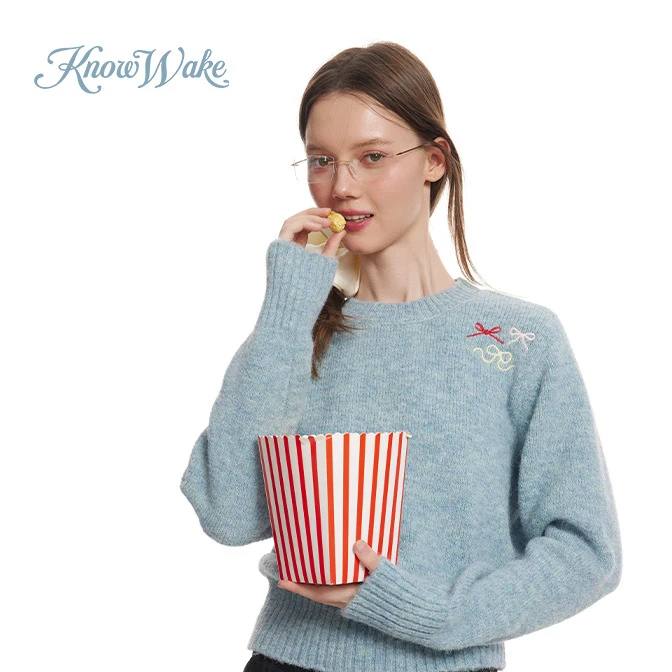 【梦梦】甜美蝴蝶结圆领毛衣秋季新款宽松针织衫上衣KW43Y48