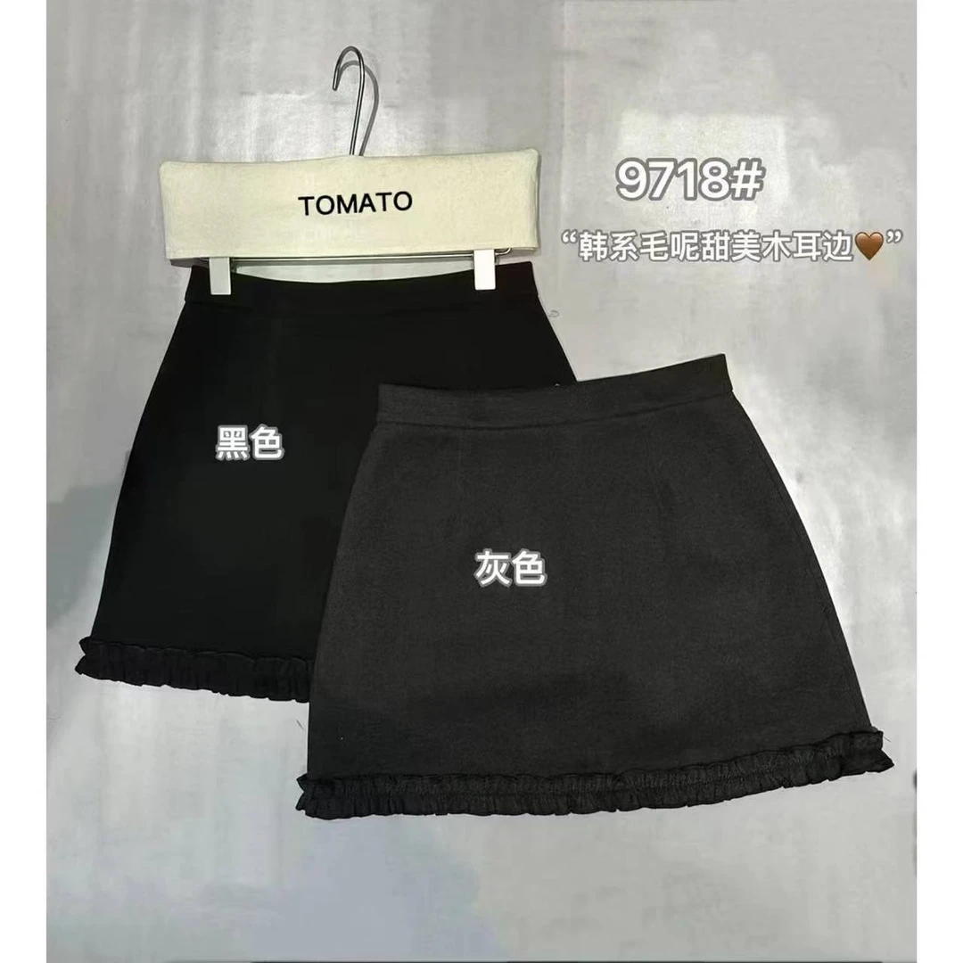 TOMATO-冬季新款韩系显瘦毛呢木耳边短裙#9718