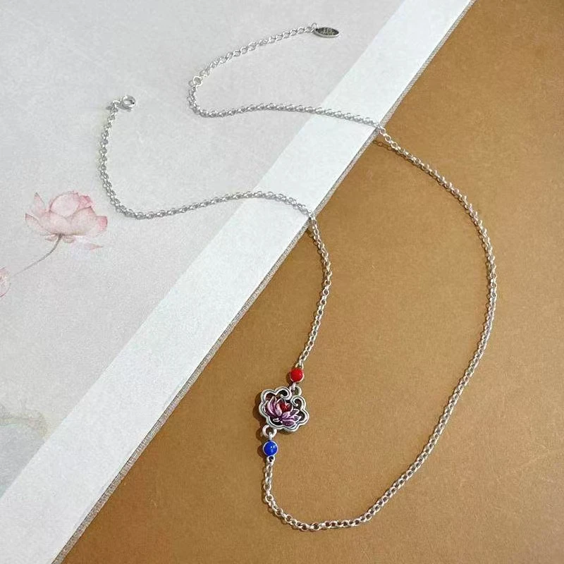 链子925银 吊坠项链锁骨链【春晓老银匠】时尚百搭珐琅彩莲花百搭链