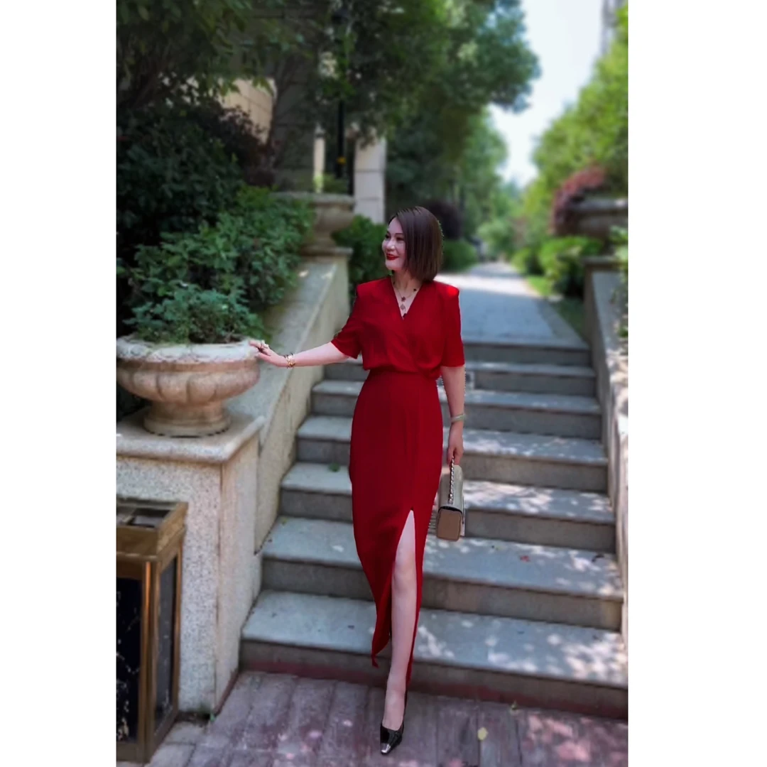 薇儿娜原创中袖V领前开叉礼服款气质连衣裙