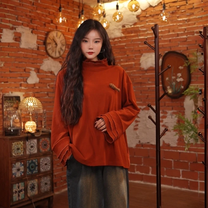 【月光】小马达2024初秋港风复古纯色长袖宽松百搭打底上衣A168