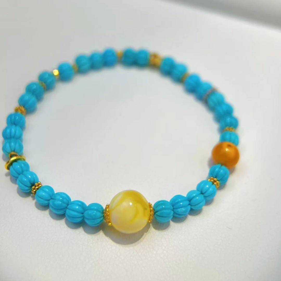 天然绿松石南瓜珠手链蜜蜡圆珠18k金配件