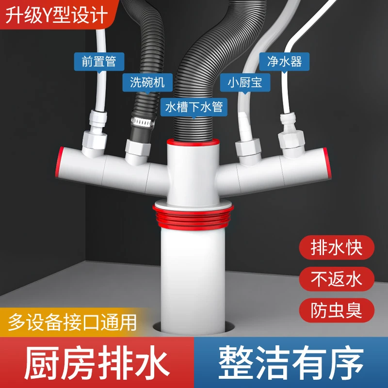 厨房下水管三通排水防臭多功能配件前置过滤洗碗机净水器接头神器