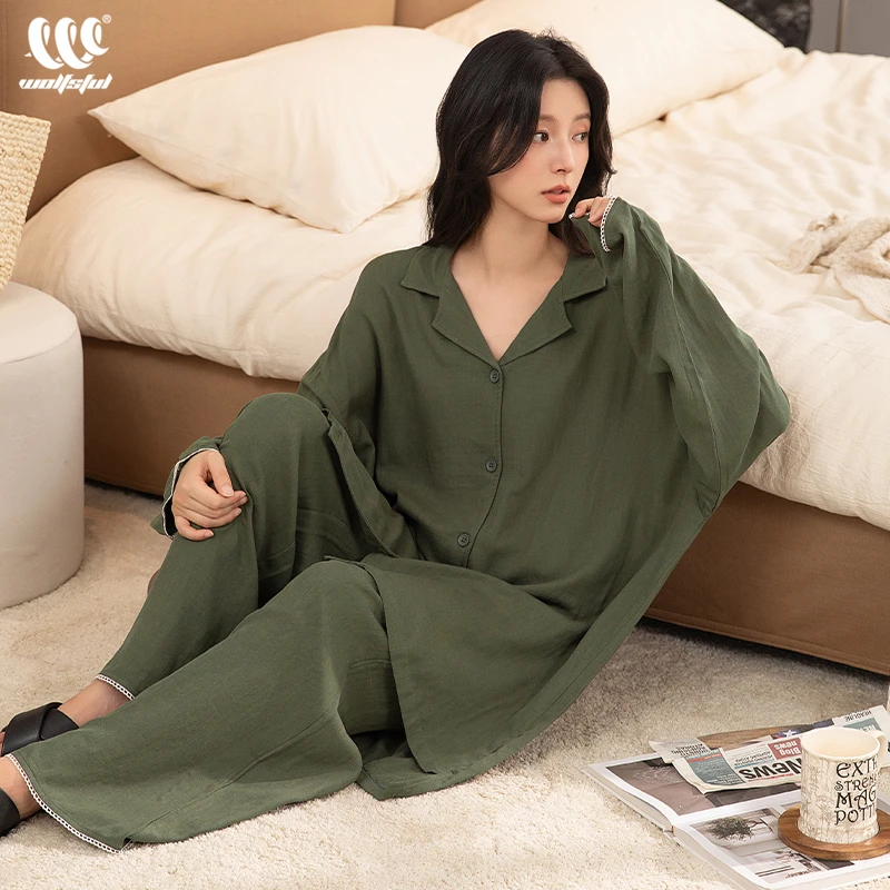 女士睡衣春秋季抑菌抗螨竹纤维长袖棉纱布宽松长款宽松家居服套装