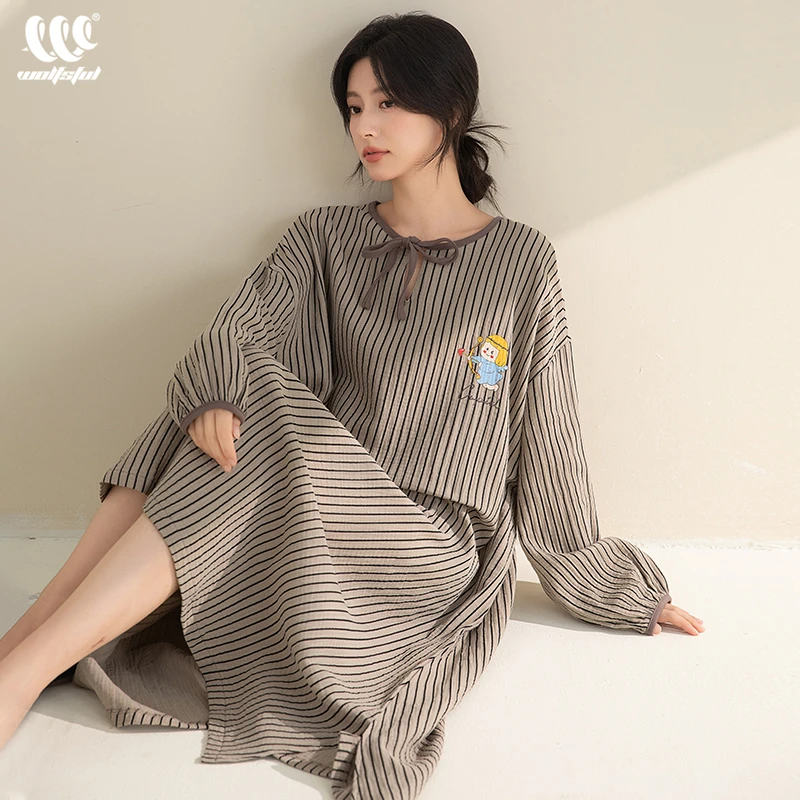 春秋季睡裙女士双层纯棉纱甜美条纹长袖可外穿中长款裙家居服睡衣