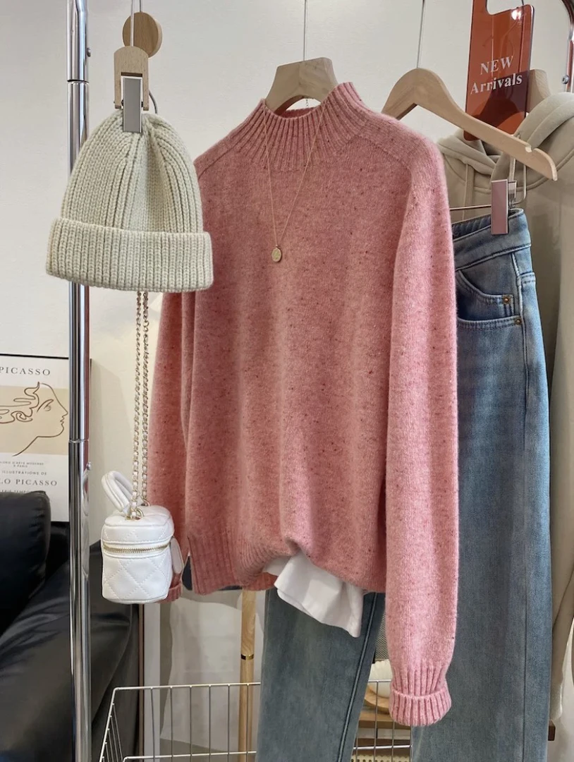 朱朱家 无缝一体羊羊点子纱半高领毛衫0135