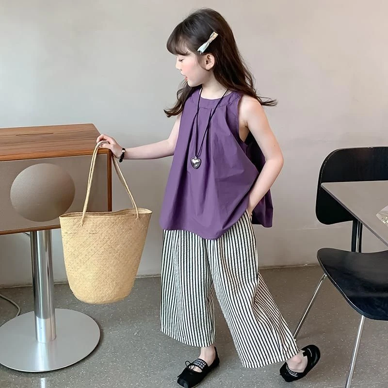 女童夏季新款套装女孩韩系无袖百搭休闲条纹阔腿裤薄款洋气两件套