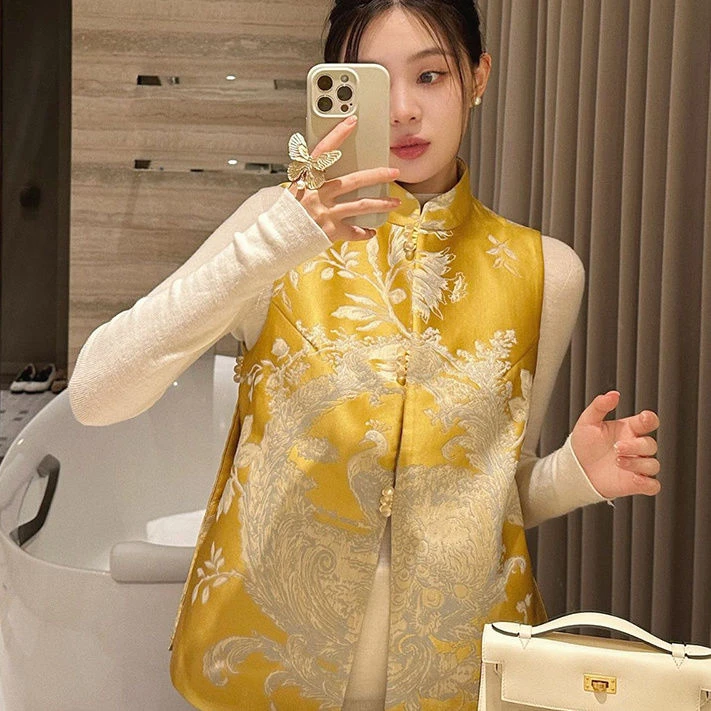 中国风马甲气质秋冬复古唐装外套重工凤凰绣花粉黄色女士旗袍上衣