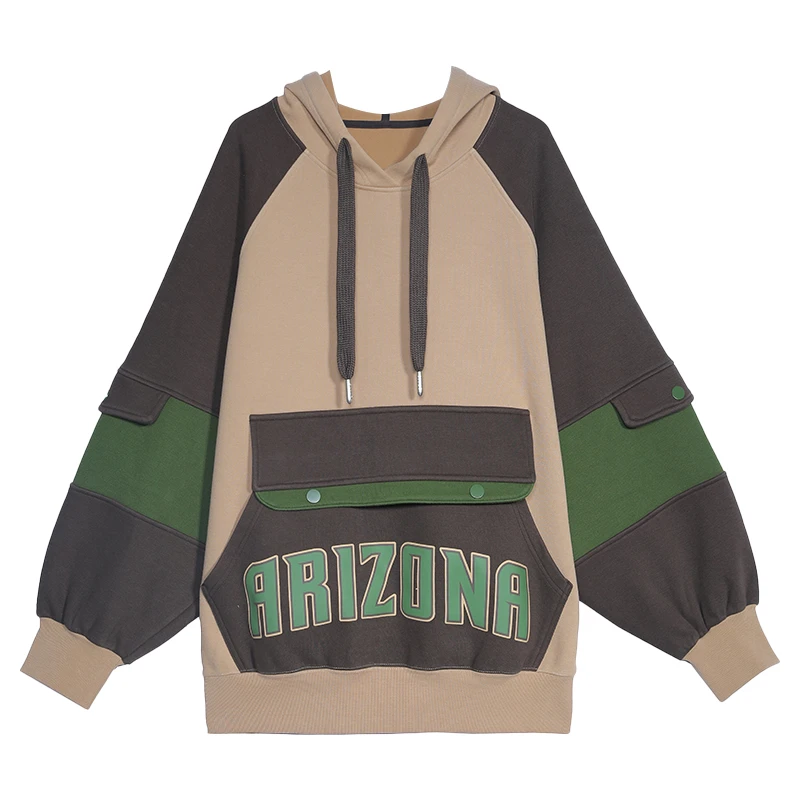 TUOGU/拓谷休闲连帽宽松加绒条纹拼接撞色拼色Q40190