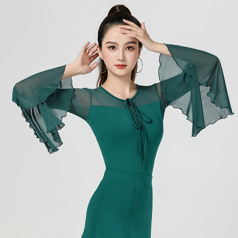 高端摩登舞华尔兹跳舞上衣女网纱舞服2024新款衣服夏季国标拉丁舞