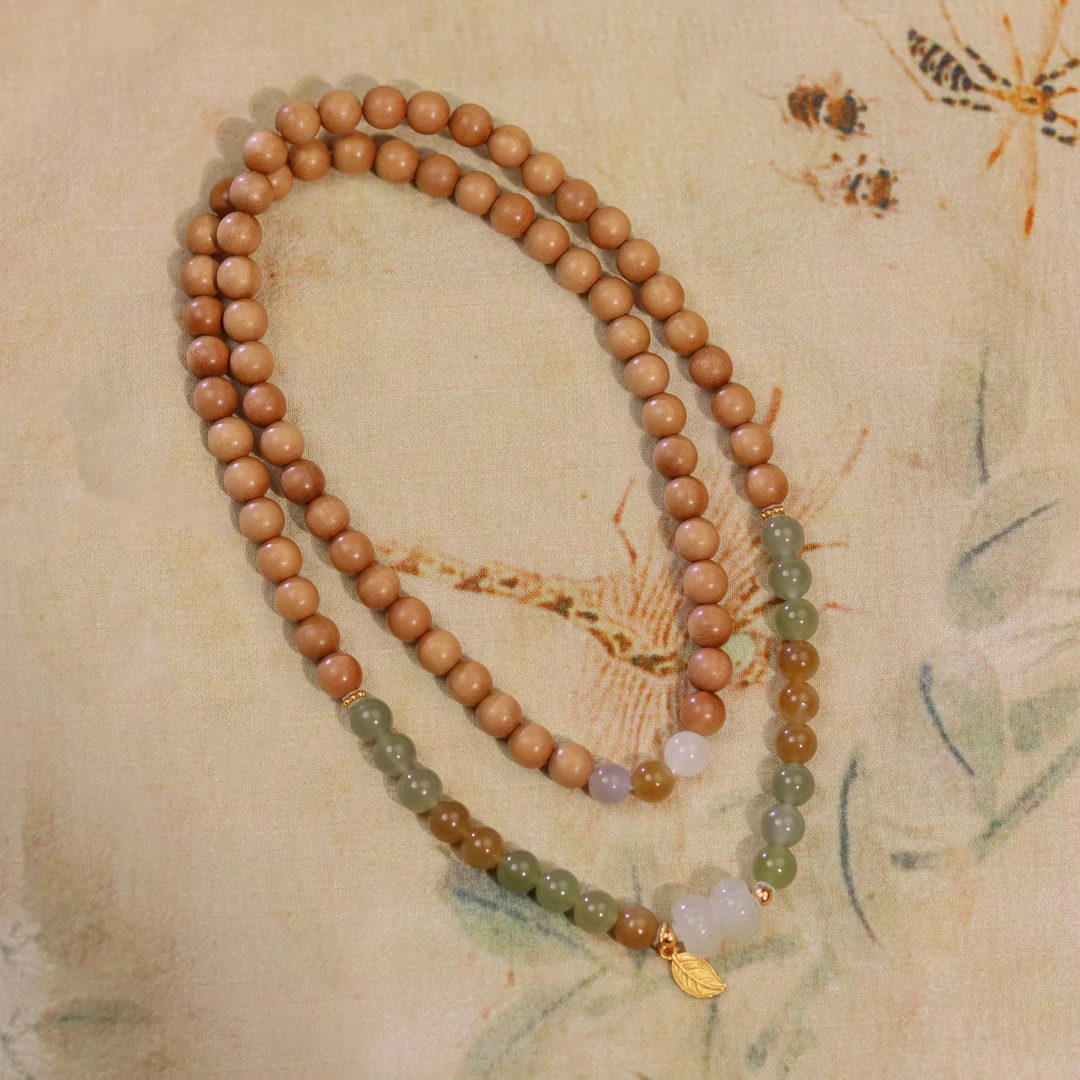 原创手工 迈索尔老山檀并蒂莲项链 多圈手链 两用款 渐变色和田玉