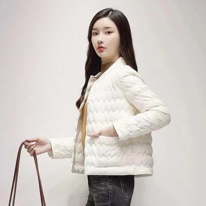 女士棉服短款小香风波浪纹立领薄款夹棉2024秋冬休闲外套棉衣