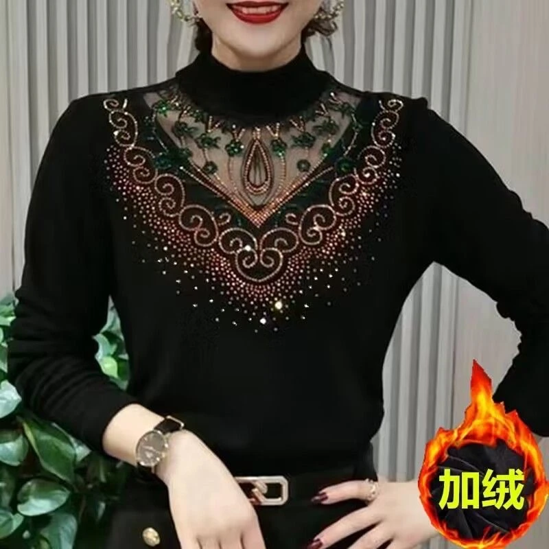 秋冬打底衫女装洋气T恤烫钻半高领加绒加厚妈妈遮肚子蕾丝上衣