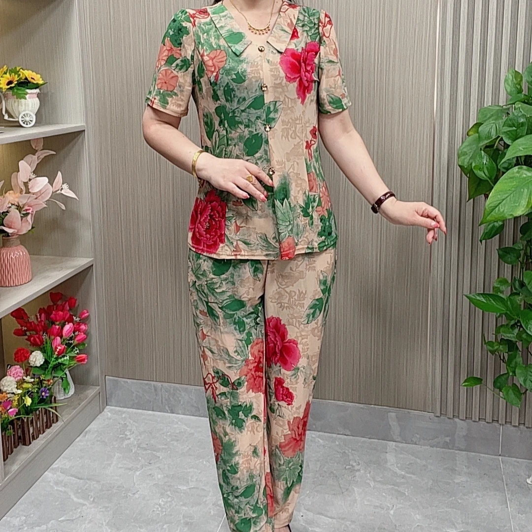 莫奈花园风中老年女装夏装新款短袖套装洋气妈妈装夏季宽松两件套