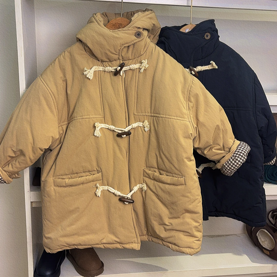 3d92款童外套冬款男女韩版加厚牛角扣大衣儿童休闲连帽中长款上衣