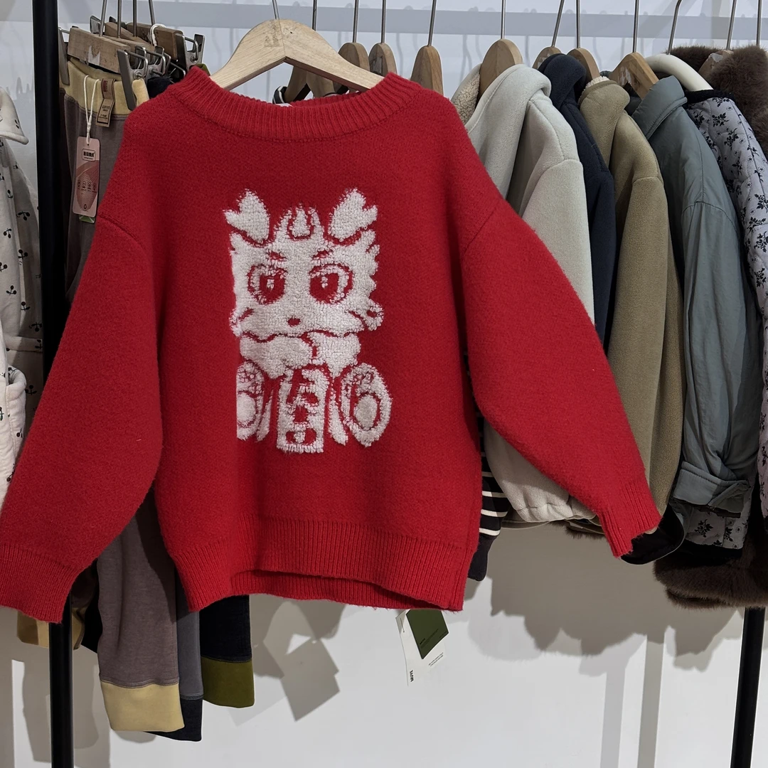 6081款儿童红色毛衣新年花郎家