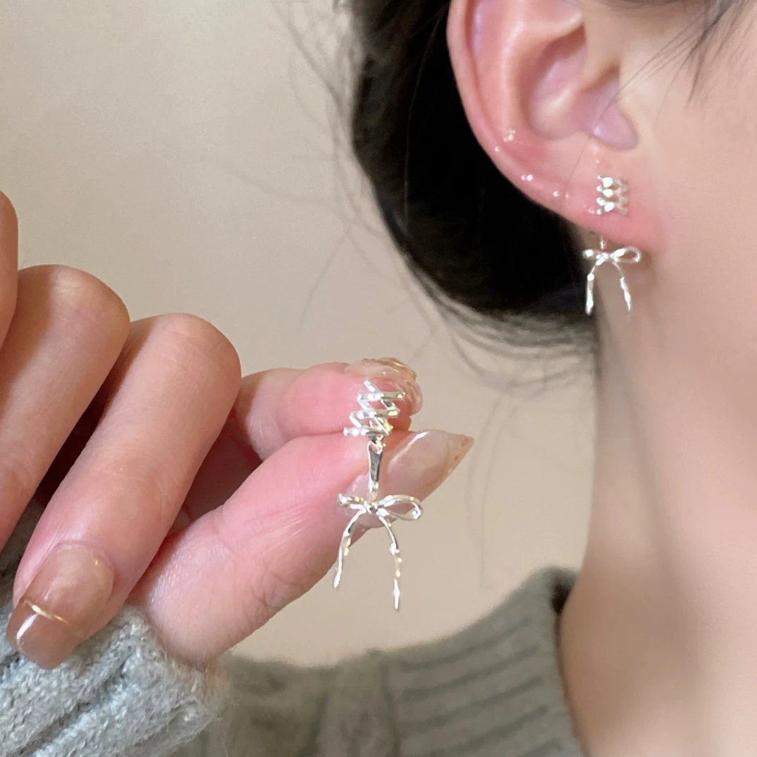 铜合金耳饰 「耳畔芭蕾」独特蝴蝶结耳夹无耳洞女耳饰银色小众高级