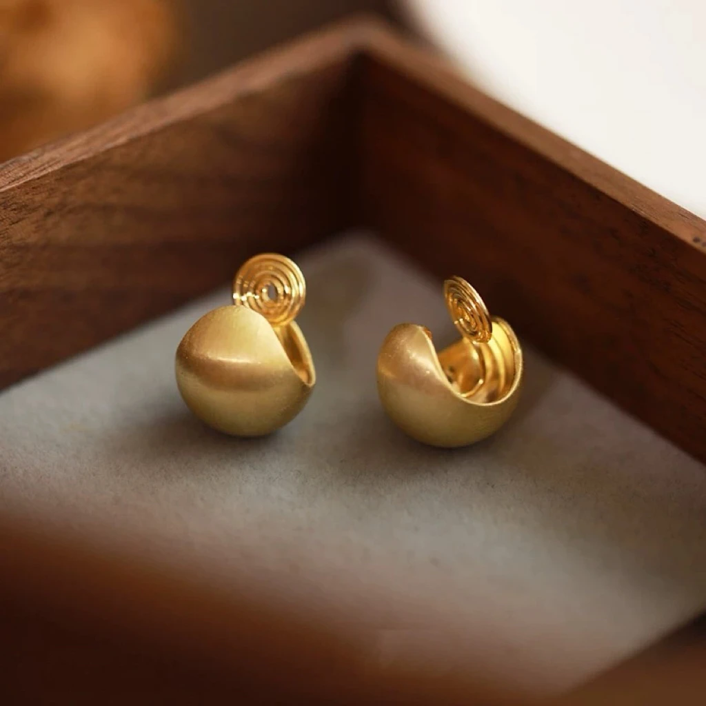 「优雅主义」金色拉丝圆球耳夹无耳洞复古耳饰设计耳环