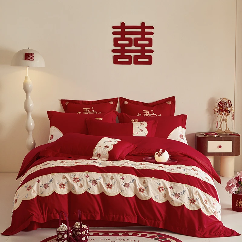 富安娜简约全棉结婚庆刺绣四件套高档长绒棉被套轻奢婚嫁纯棉床品