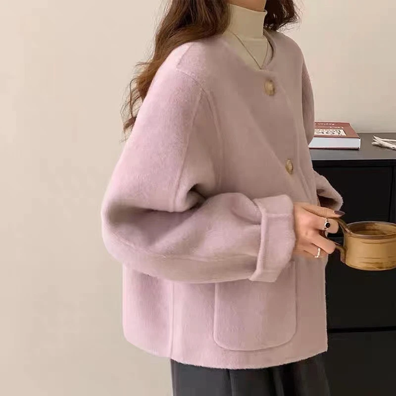 香芋紫双面羊绒大衣女2024年秋冬新款小个子短款圆领高端毛呢外套