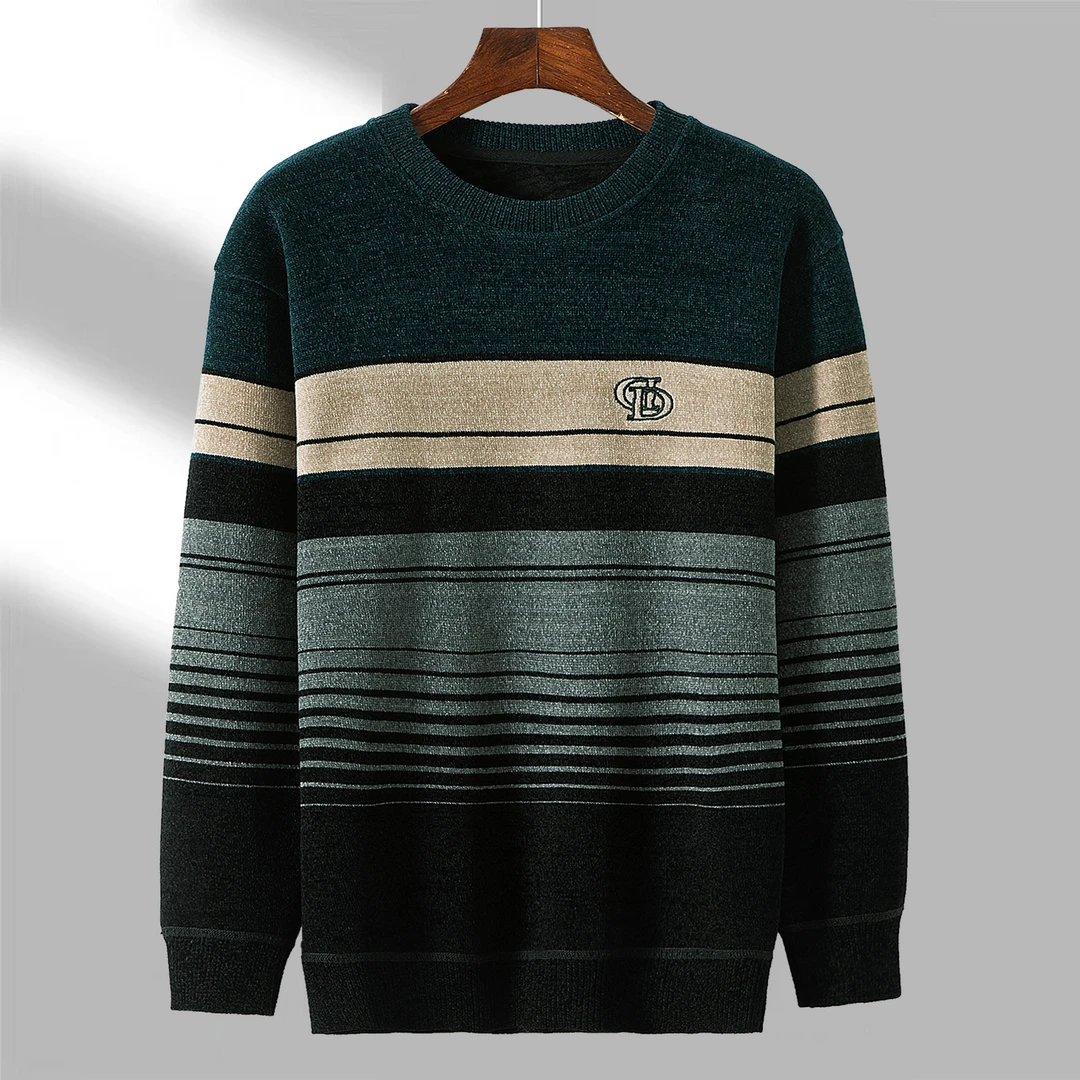 加绒加厚中年爸爸装圆领毛衣卫衣打底衫条纹秋冬潮流保暖冬季男士