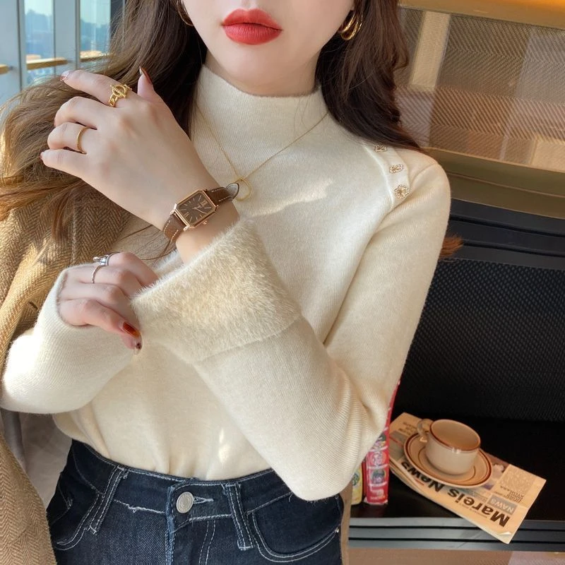 加绒加厚毛衣女冬设计感小众一体绒保暖打底衫内搭秋冬半高领上衣