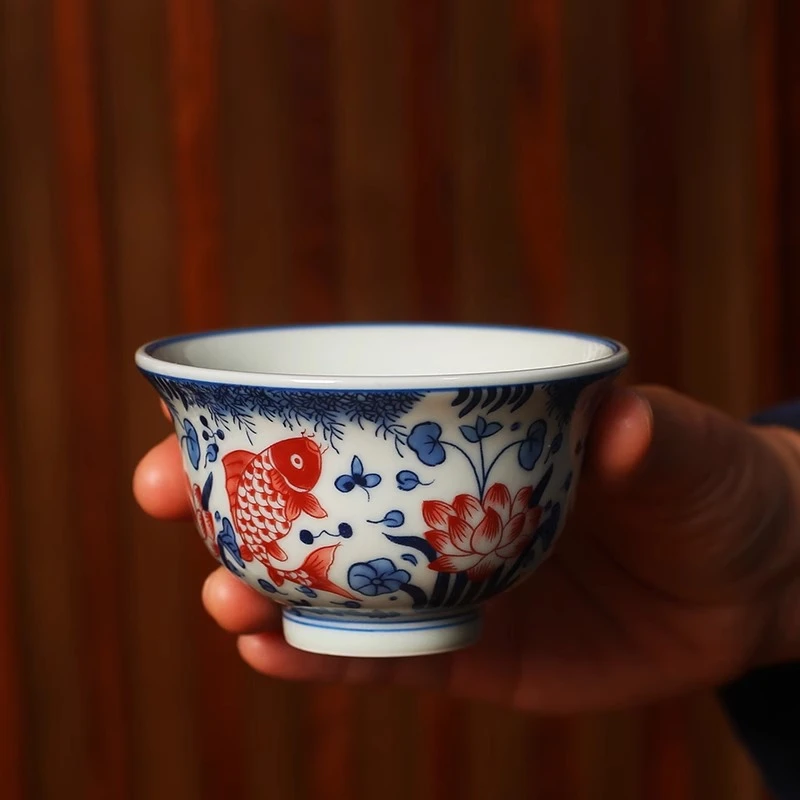 仿古陶瓷釉下彩青花釉里红鱼藻纹压手杯陶瓷主人杯容量复古柴窑杯