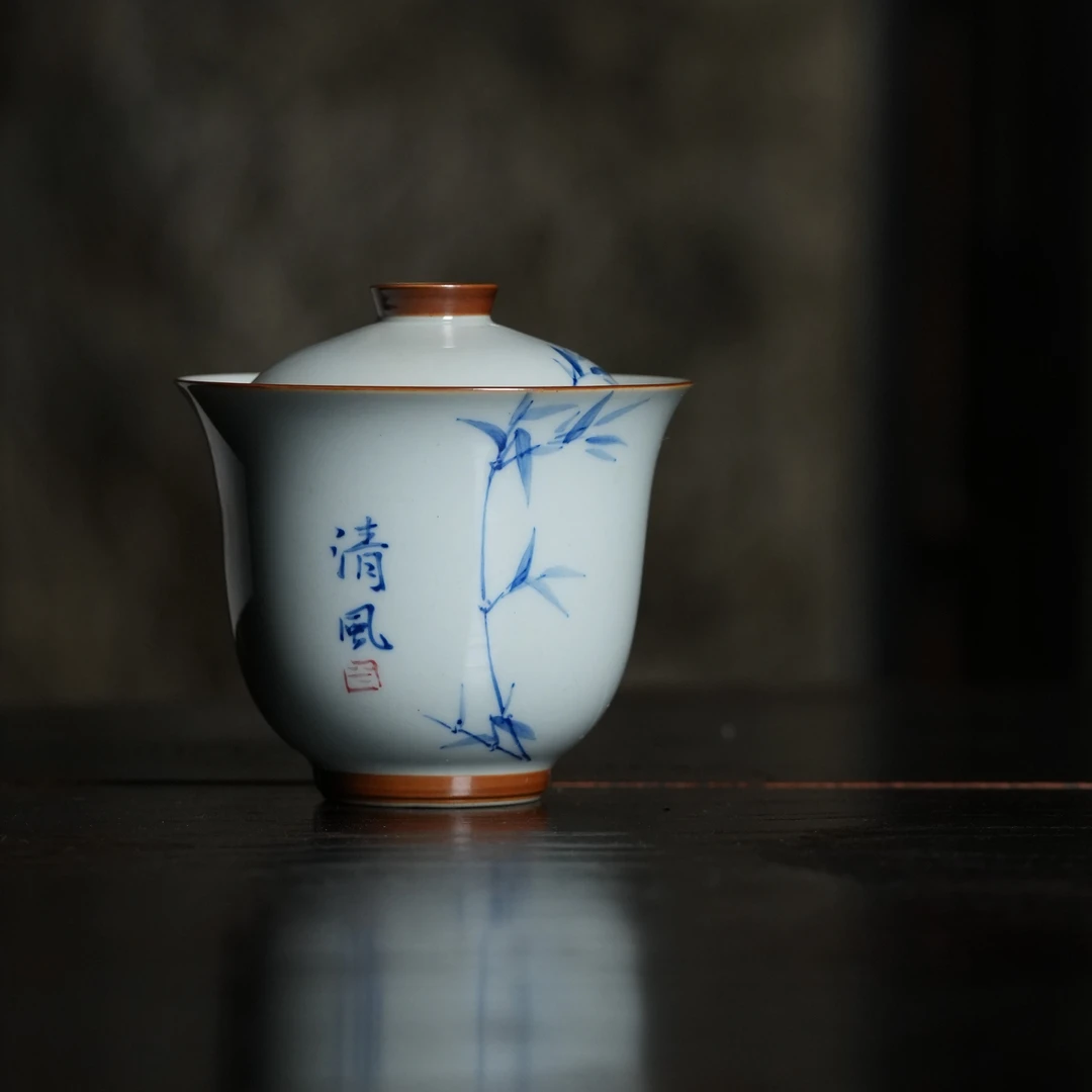 【姗姗说瓷】手绘墨竹清风二才盖碗家用茶盖碗陶瓷
