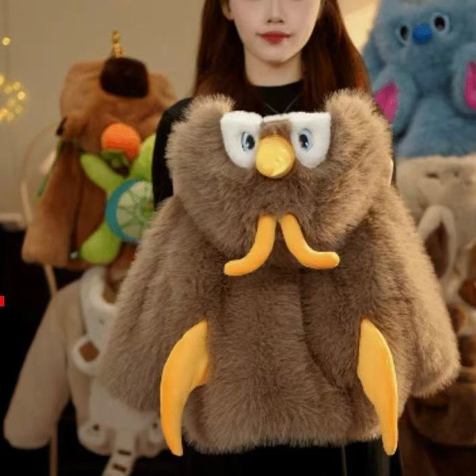 男女童冬季新款可爱企鹅仿貂毛兔毛外套萌宝卡通加绒加厚保暖草草