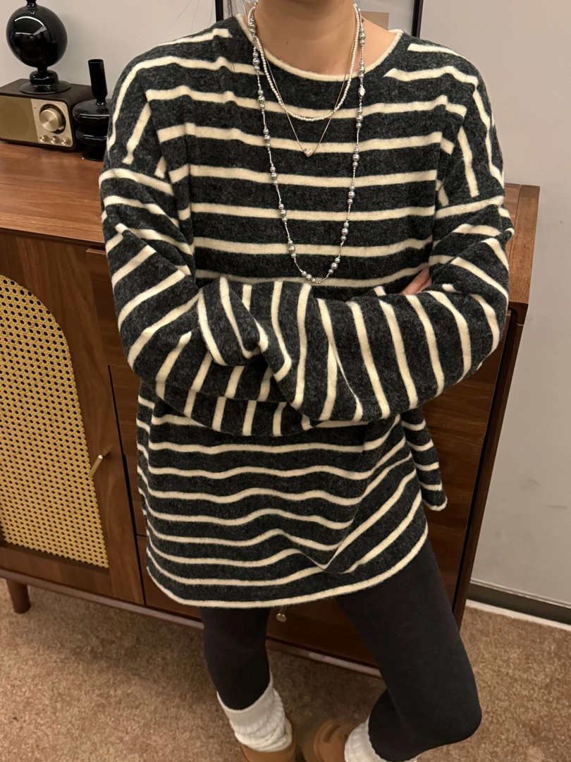 【青青定制】海魂条纹衫软糯毛妮感休闲时尚宽松慵懒风套头圆领