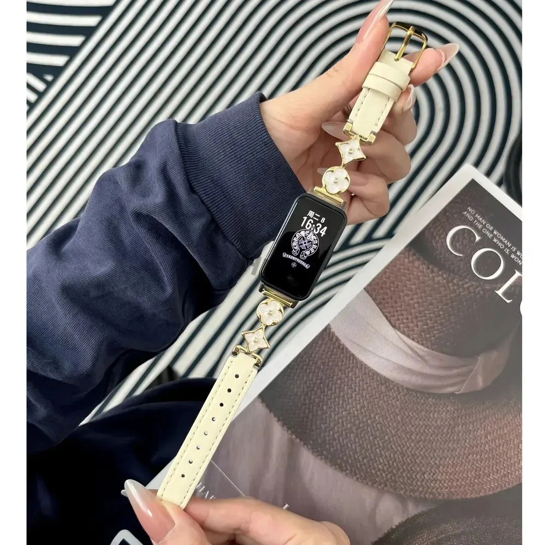 适用新款小米手环9pro千金感四叶草皮质表带小米9nfc金属替换腕带