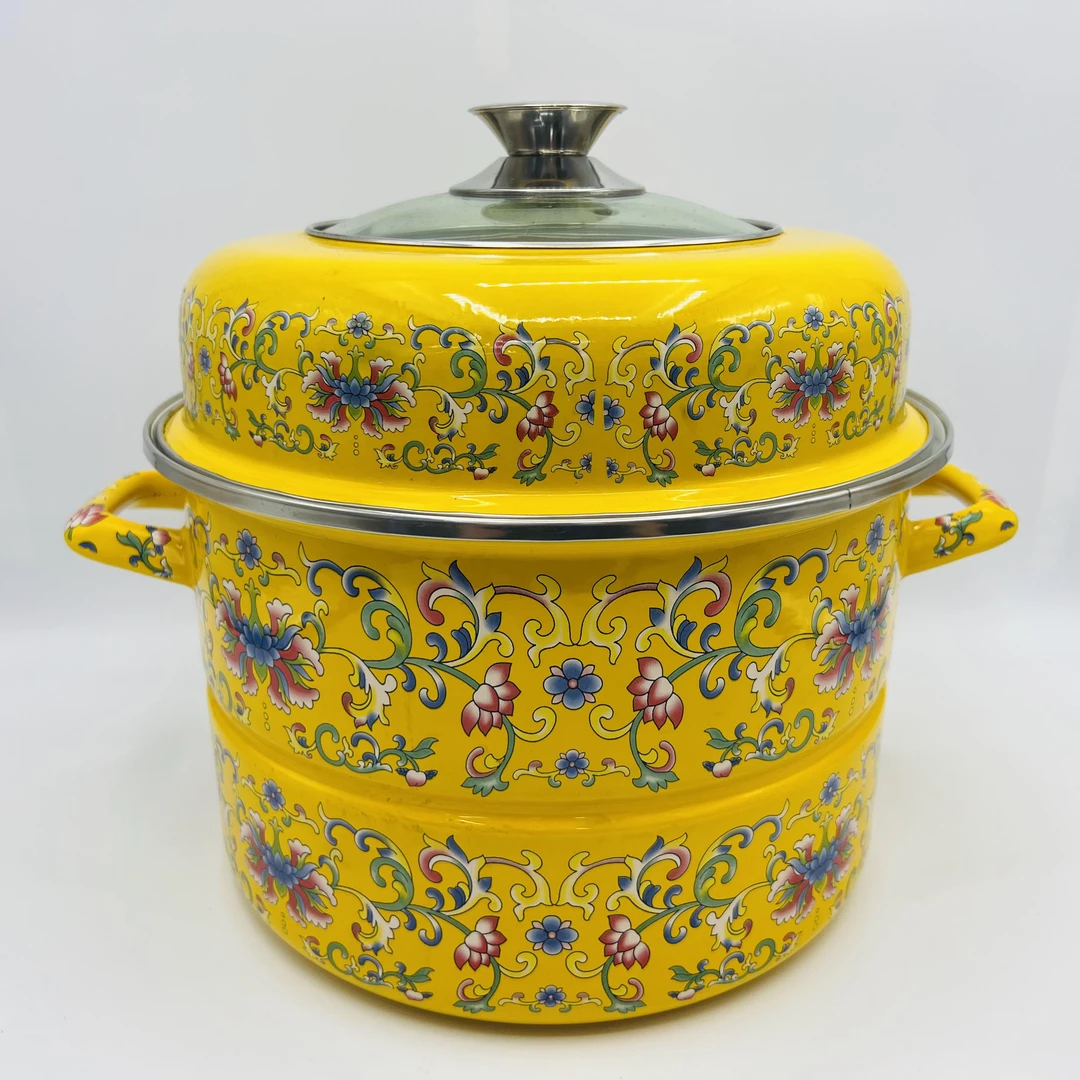 32cm珐琅搪瓷黄钩莲蒸锅可视玻璃盖双层蒸锅炖锅电磁炉明火通用