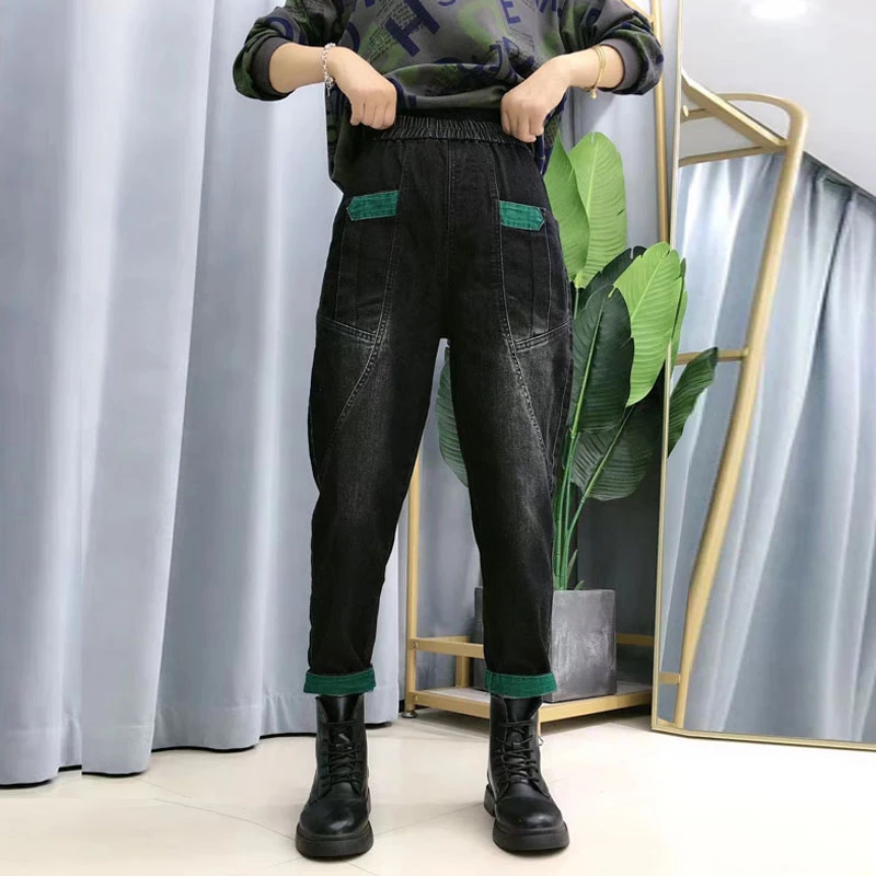 牛仔裤女春季新款松紧腰宽松显瘦休闲百搭哈伦裤老爹裤