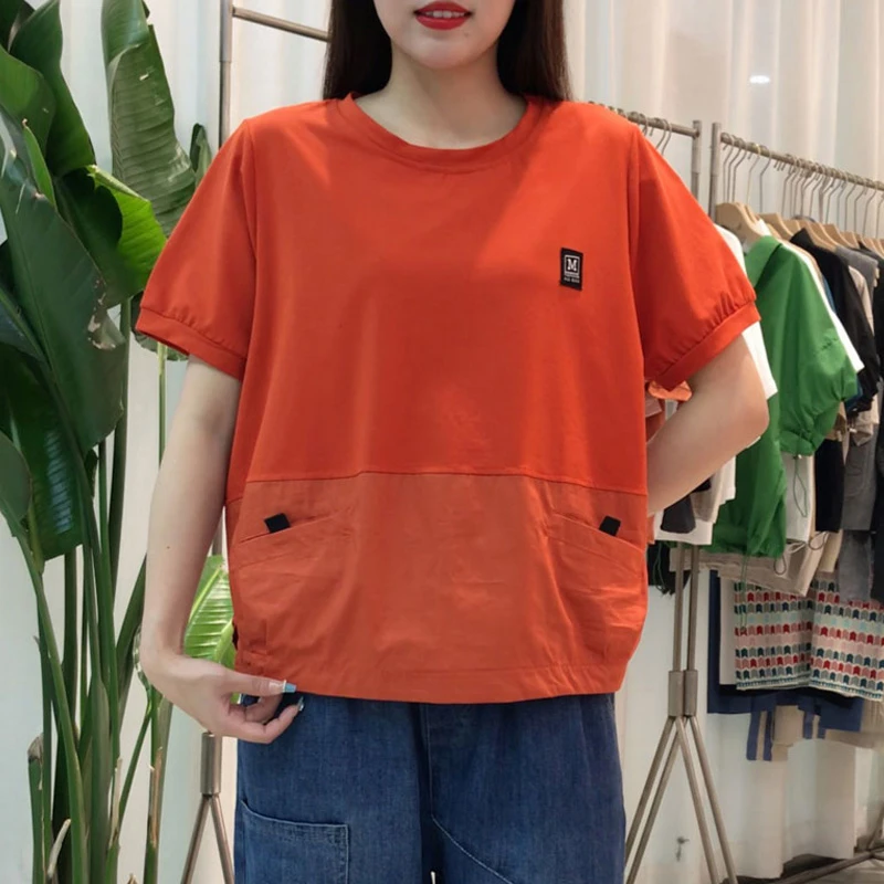 夏季新款短袖T恤女透气吸汗大码宽松显瘦拼接卫衣上衣