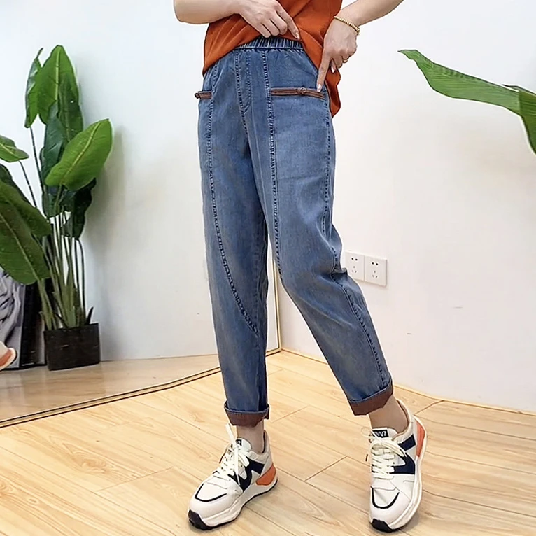 盘扣九分牛仔裤女秋季新款国风休闲百搭宽松显瘦老爹裤哈伦裤
