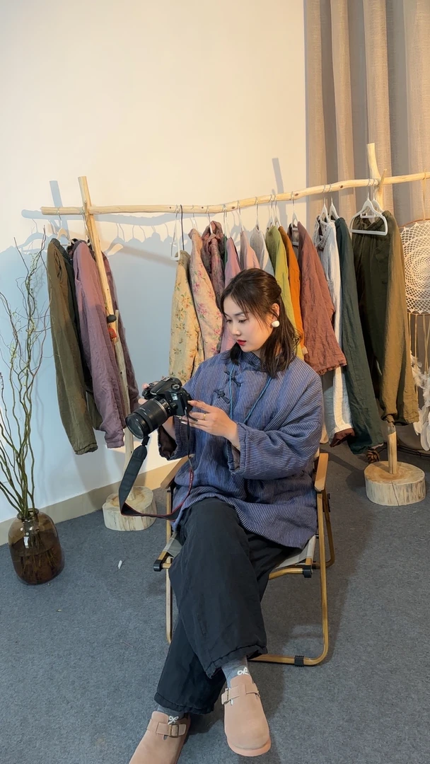 中长款纱洗色织亚麻秋冬款棉衣文艺复古夹棉保暖条纹棉服