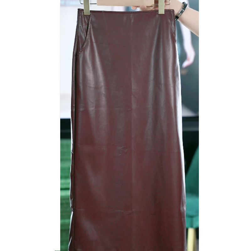 KA68733安可拉红气质时尚百搭中长款皮裙女秋季新款2024半身裙子