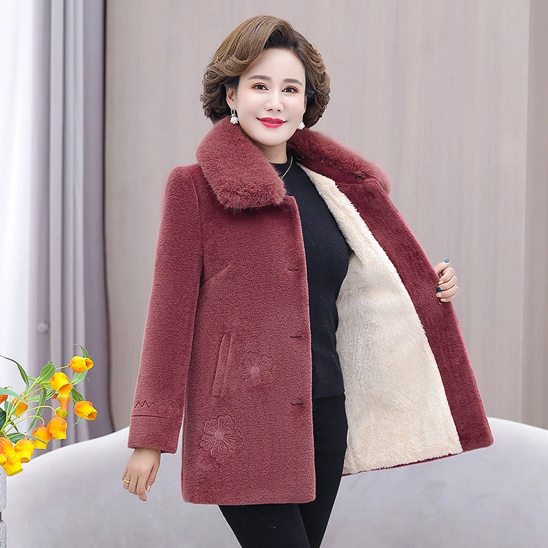 中老年女装毛呢大衣冬季妈妈装加绒加厚保暖防寒皮毛一体外套上衣