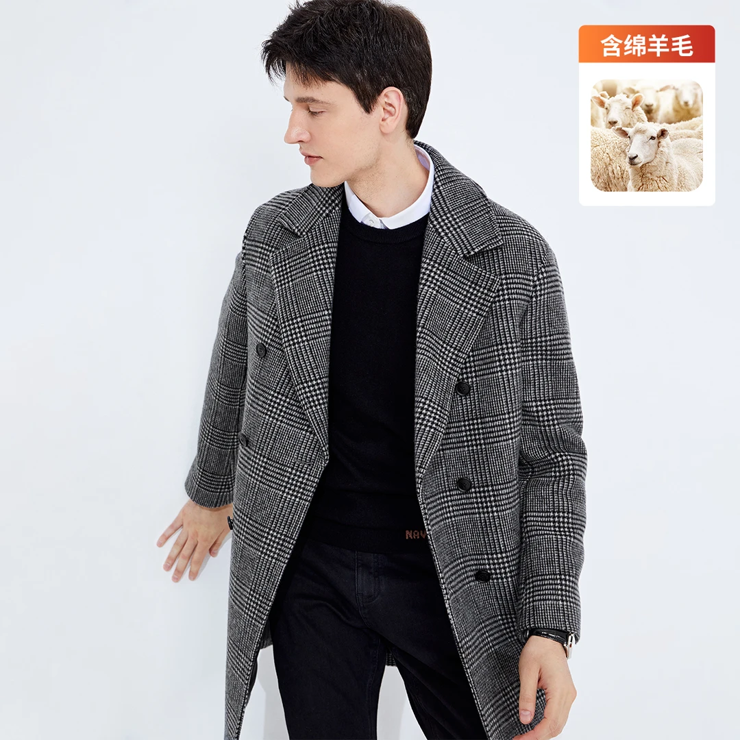 navigare意大利小帆船秋冬男士含绵羊毛格纹毛呢大衣中长款外套