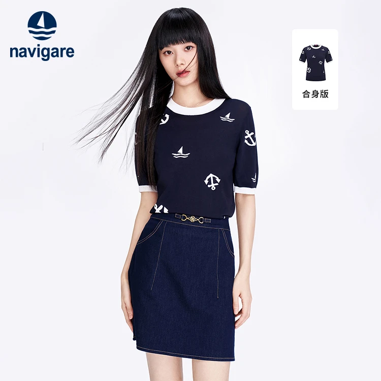 navigare意大利小帆船春夏女士时尚休闲显瘦圆领T恤针织短袖上衣