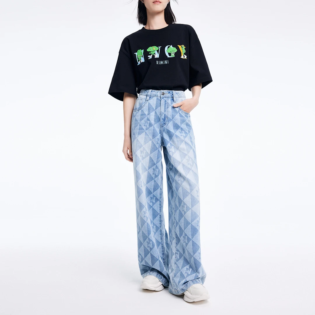 navigare意大利小帆船春夏潮流几何印花牛仔裤女士宽松直筒裤子