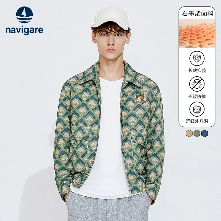 navigare意大利小帆船秋冬男士石墨烯保暖翻领棉夹克休闲印花外套