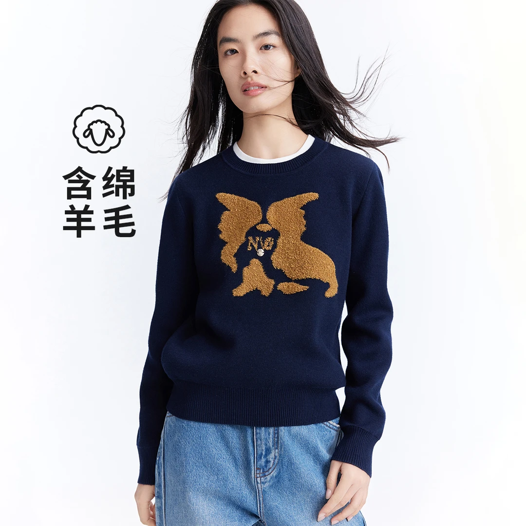 navigare意大利小帆船冬季含绵羊毛圆领针织衫女立体图案保暖毛衣