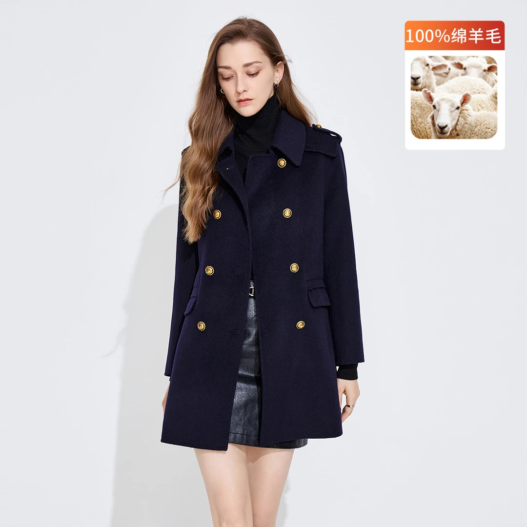 [丝光纯羊毛]navigare意大利小帆船军旅风呢大衣气质双排扣外套女