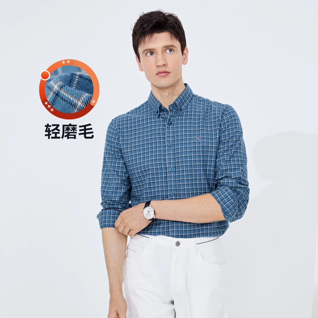 navigare意大利小帆船秋冬男士舒适棉感磨毛格纹衬衫休闲保暖衬衣