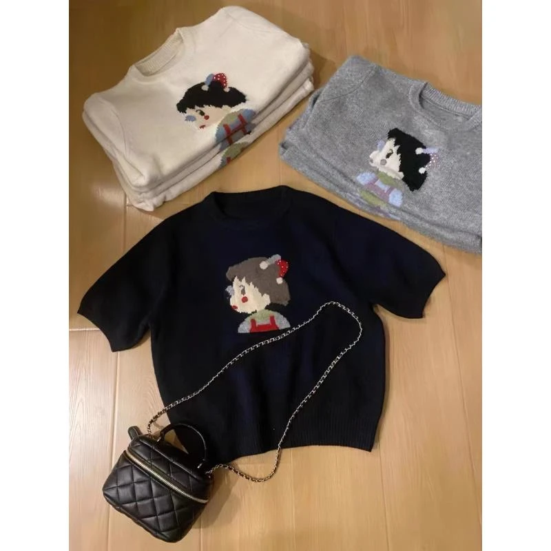 日系甜美风马海毛软糯毛衣短袖女春秋季宽松慵懒风舒适针织衫1611