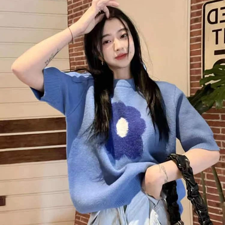 2025春夏新款蓝色花朵泡泡袖短袖毛衣女复古洋气减龄上衣6496