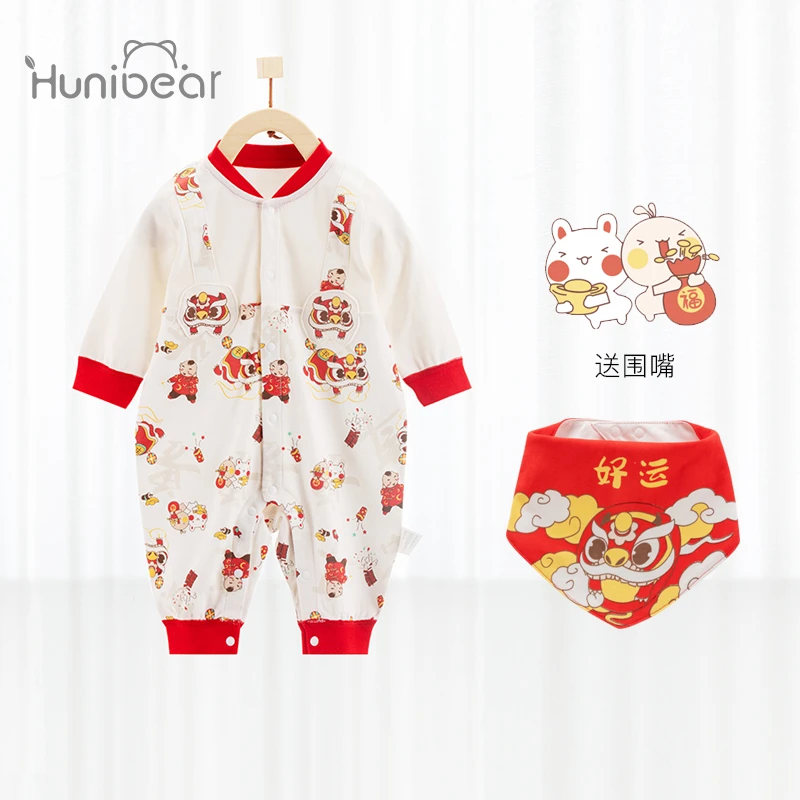 婴儿连体衣春秋纯棉拜年服春装宝宝哈衣新年爬爬服新生儿过年衣服