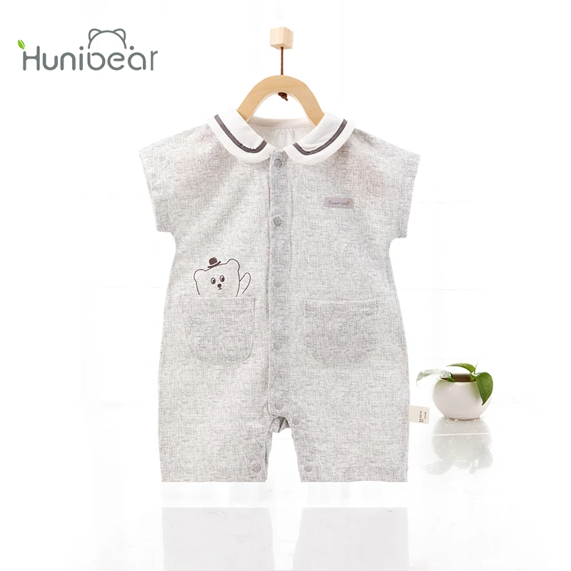 蓝色欢喜小熊衣服夏装纯棉男短袖新生儿空调服宝宝哈衣爬服连体衣